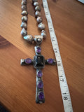 Huge chimney Butte Silver and Amethyst cross pendant on Baroque pearl necklace