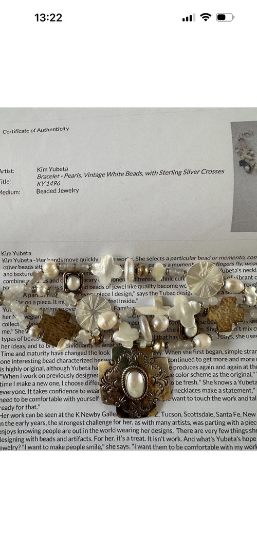Kim Yubeta OOAK cross charm bracelet mother of pearl silver certificate western