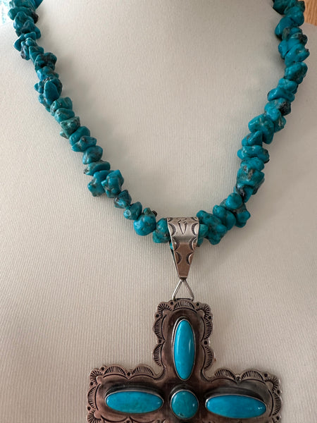 KC Cook Navajo Silver & Turquoise Huge Cross Necklace