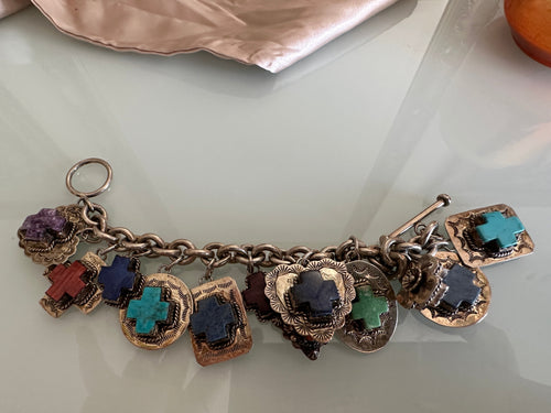 Joan Slifka signed OOAK 12 charm bracelet crosses silver turquoise double sided