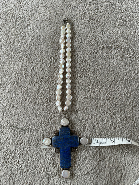 Joan Slifka Coin Pearl Necklace large lapis cross