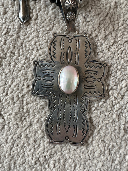 Kim Yubeta Mother of Pearl Cross Onyx Charm Necklace