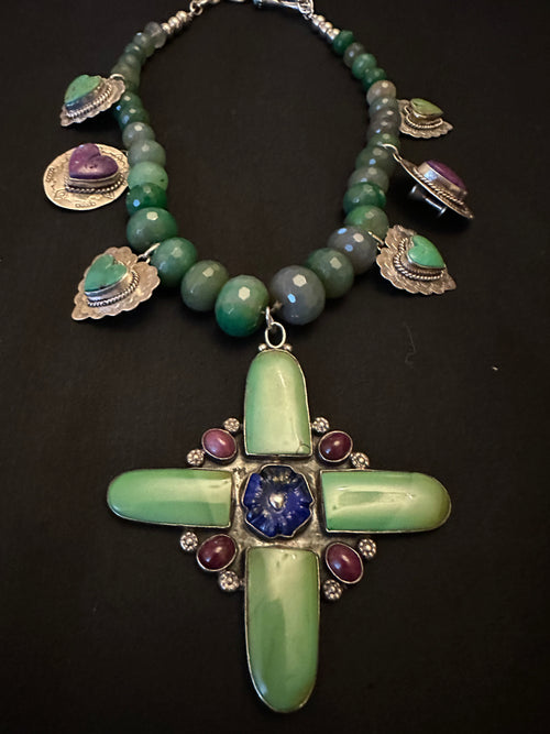 Joan Slifka Sugilite Raw Emerald Cross Charm Necklace